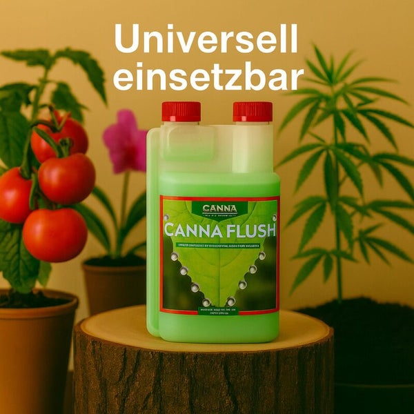 Canna Flush Düngerspülmittel in Flasche auf einem Holzstumpf neben Tomatenpflanze und Hanfpflanze mit dem Text Universell einsetzbar