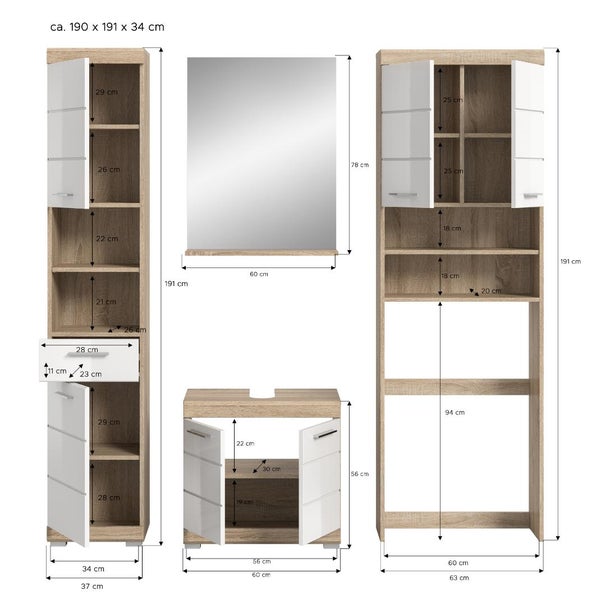 Badezimmermöbel-Set in Eichenoptik mit weißen Fronten: Hochschrank, Spiegel, Waschbeckenunterschrank und Regal, circa 190 x 191 x 34 cm.