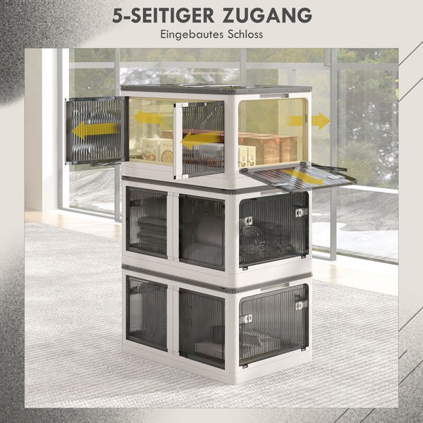 HOMCOM Aufbewahrungsbox, 69L, stapelbar, mit Rollen, faltbar, 5-seitiger Zugang, 60L x 42B x 34H cm, Kunststoff, Weiß