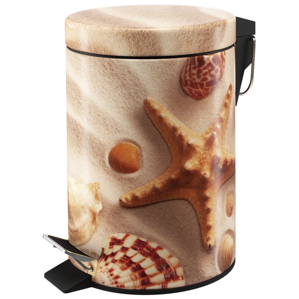 Kosmetikeimer mit Tretfunktion und Strandmotiv mit Seesternen und Muscheln.