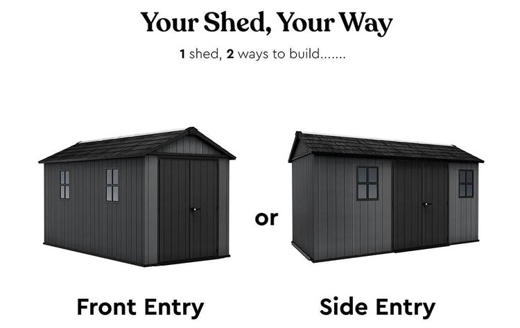 Gartenhaus mit zwei Aufbauoptionen: Fronteingang oder Seiteneingang. Dunkelgraues Kunststoffgerätehaus mit Fenstern und Doppeltür.