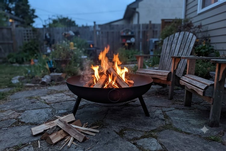 Feuerschale mit brennendem Holz auf einer Terrasse im Garten neben zwei Holzstühlen in der Dämmerung.