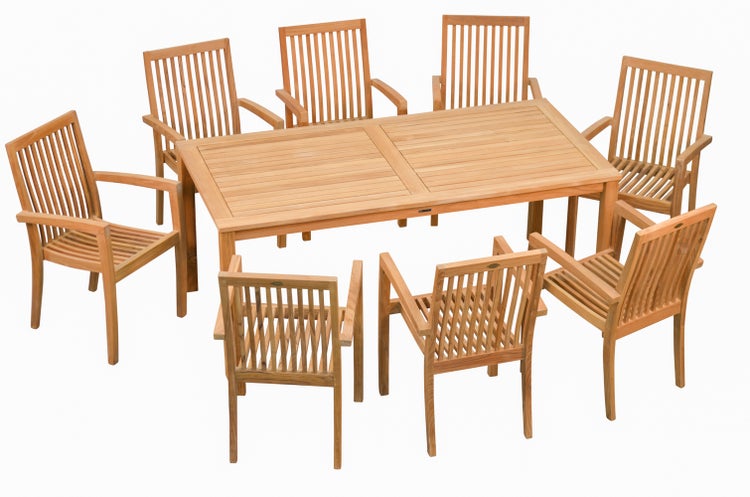 Teak Sitzgruppe 8 Gartenstühle stapelbar 1 Tisch 180 x 90 cm premium Garten Set