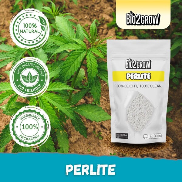 Bio2Grow Perlite-Verpackung neben Pflanzen mit den Symbolen 100 Prozent natürlich, 100 Prozent organisches Produkt und nachhaltige Verpackung