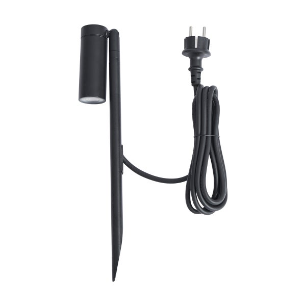 Schwarzer Gartenstrahler mit Erdspieß, zylindrischem Kopf und Stromkabel mit Stecker für den Außenbereich.