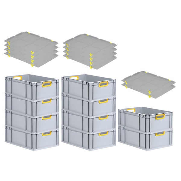 PROREGAL Spar Set 10x Eurobox Nextgen Color Mit Auflagedeckel & Schiebeschnappverschlüsse HxBxT 22 x 40 x 60 cm Griffe Gelb Offen Verstärkter Boden