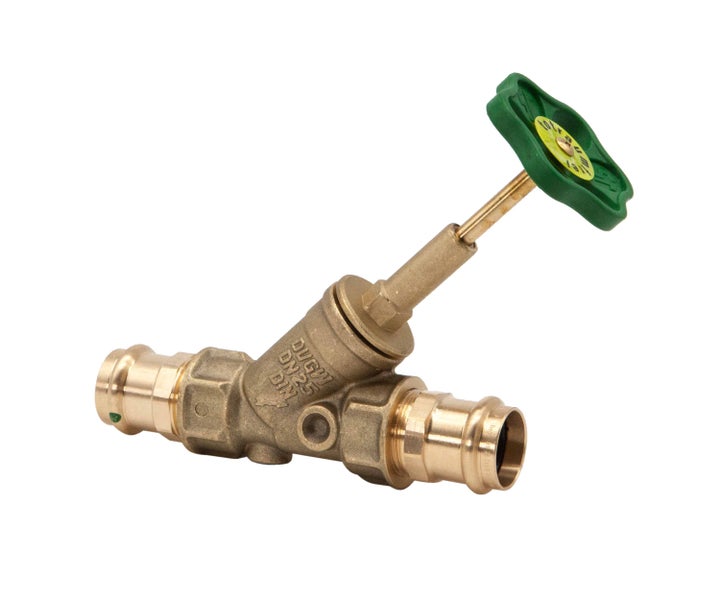Schrägsitzventil DN 25 aus Metall mit Pressanschlüssen und grünem Handrad.