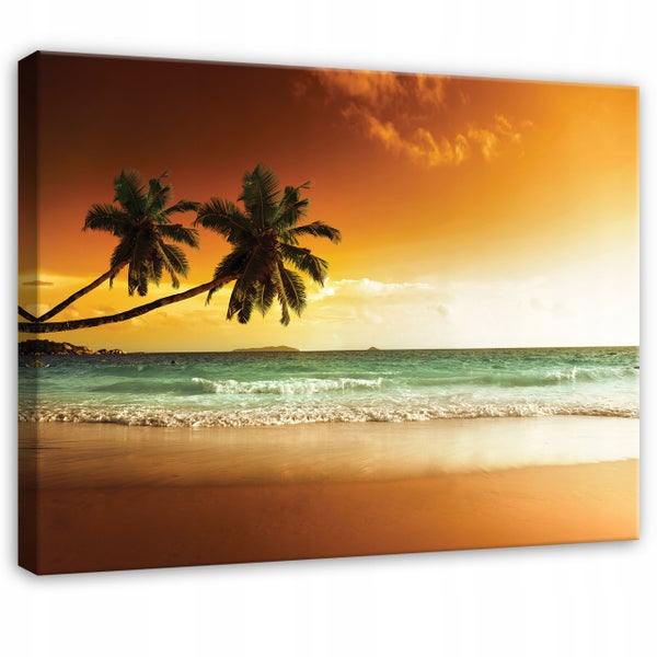 Leinwandbild einer tropischen Strandlandschaft mit zwei Palmen, türkisfarbenen Wellen und einem leuchtenden goldenen Sonnenuntergang am Himmel.