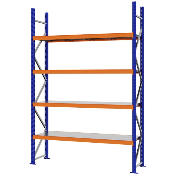 Schwerlastregal mit 4 Ebenen, blauem Rahmen und orangefarbenen Traversen