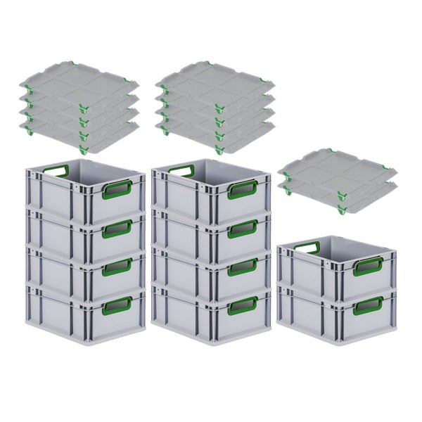 PROREGAL Spar Set 10x Eurobox Nextgen Color Mit Auflagedeckel & Schiebeschnappverschlüsse HxBxT 17 x 30 x 40 cm Griffe Grün Offen Glatter Boden