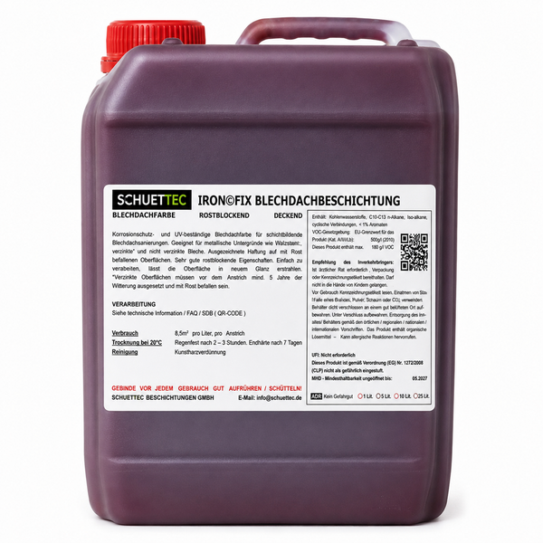 Schuettec Ironofix Blechdachbeschichtung, rostblockende und deckende Blechdachfarbe im Kunststoffkanister.