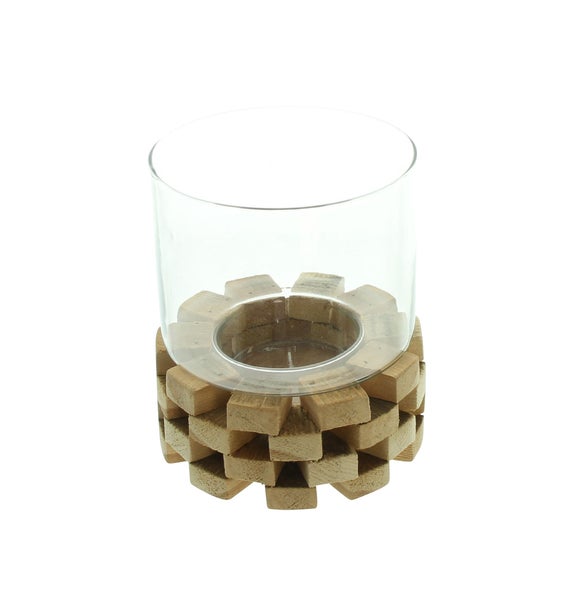 FRANK FLECHTWAREN | Windlicht Wood, ULME, GLAS, Ø 14 x 16 cm, Glas Ø 13 x 13 cm