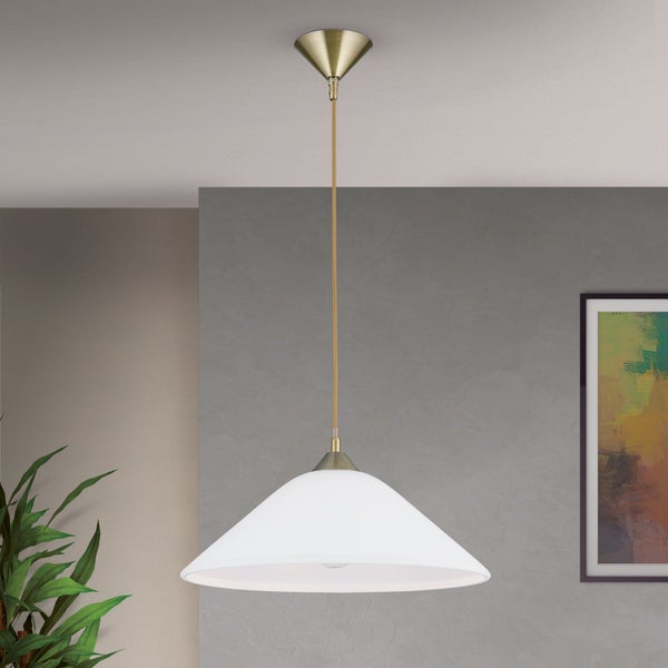 Moderne Hängeleuchte mit kegelförmigem Glasschirm und antik wirkendem Metallbaldachin für eine stilvolle Innenraumbeleuchtung.