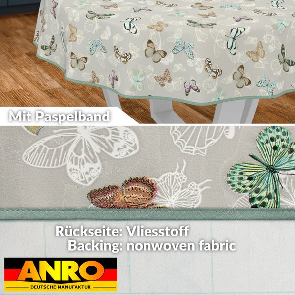 Tischdecke mit Schmetterlingsmuster und Paspelband, Rückseite aus Vliesstoff, ANRO Logo