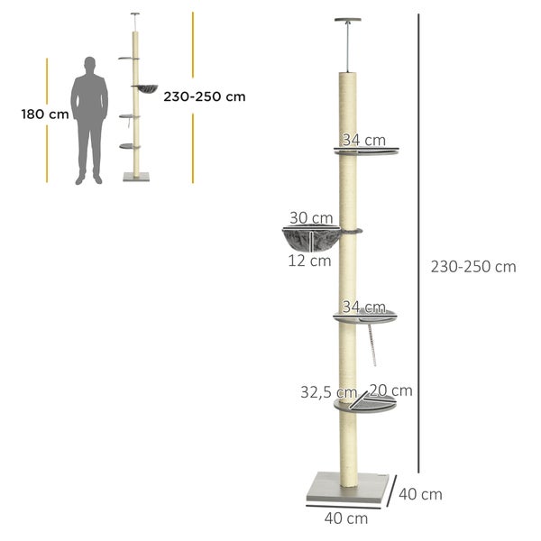 PawHut Kratzbaum, Katzenkratzbaum Deckenhoch, 230-250 cm, Kletterbaum mit Hängematte, Katzenbaum Höhenverstellbar, Spielbaum mit Kippschutz, Plüsch, Grau+Cremeweiß