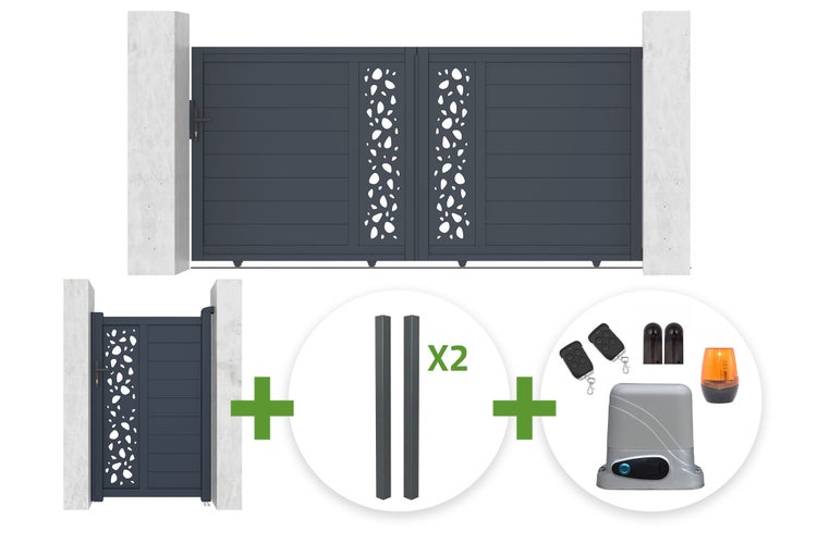 Set aus zweiflügeligem Einfahrtstor, Pforte, zwei Pfosten und elektrischem Torantrieb mit Fernbedienungen und Warnleuchte.