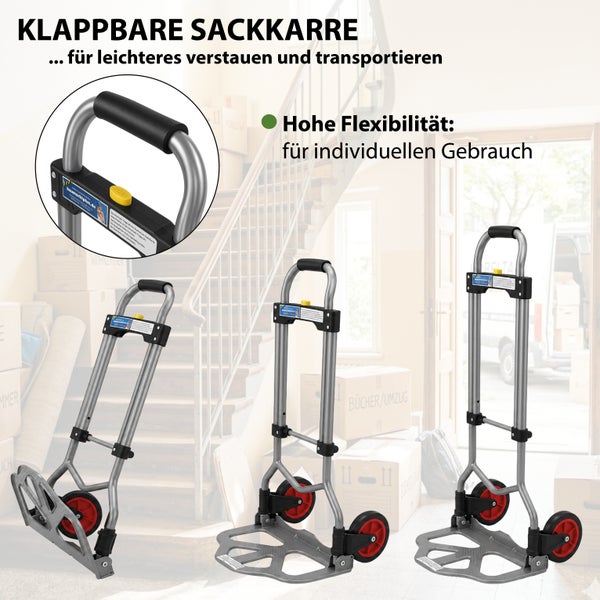 Klappbare Aluminium Sackkarre für den Transport von Lasten mit verstellbarem Teleskopgriff und zwei Rädern in verschiedenen Auszugshöhen.