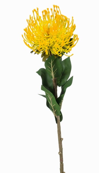 Nahaufnahme einer Kunstpflanze mit grünen Blättern und einem braunen Stiel.