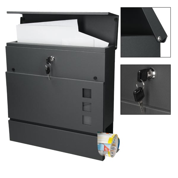 ECD Germany Briefkasten in Anthrazit mit Zeitungsfach, Schloss und 2 Schlüsseln, inkl. Montagematerial, 37x10,5x36,5 cm, Stahl, Moderner Design Wandbriefkasten, Postkasten, Mailbox mit Zeitungsrolle