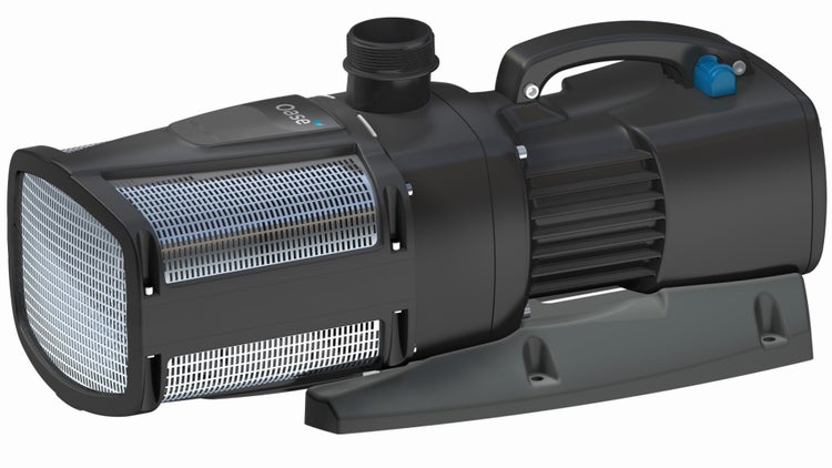 Schwarze Oase Teichpumpe mit Filterkorb, Tragegriff, blauem Bedienelement und Oase Logo.