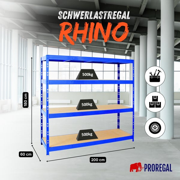 Proregal Schwerlastregal Rhino, blaues Metallregal, vier Böden, 500 Kilogramm Tragkraft pro Boden, 180 mal 200 mal 60 Zentimeter, Proregal Logo.