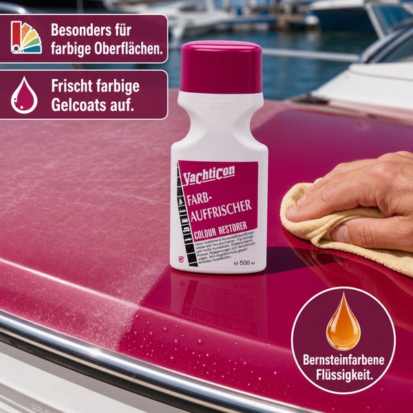Yachticon Farbauffrischer 500 Milliliter Flasche zur Pflege und Farbauffrischung von verblichenen Kunststoffoberflächen und farbigen Gelcoats.