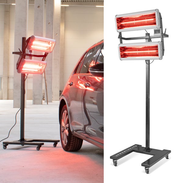 Infrarotstrahler mit zwei Heizkörpern auf einem Rollstativ zur Lacktrocknung.