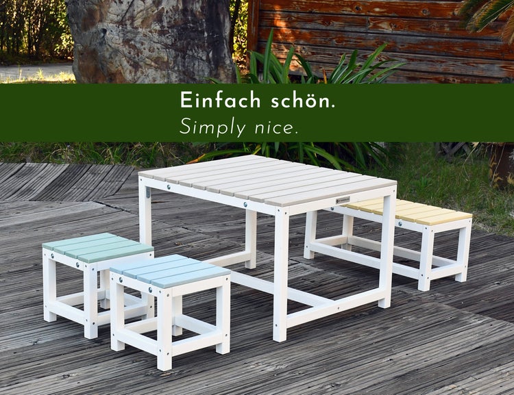 WONDERMAKE® Design Kindersitzgruppe Outdoor Garten Holz mit Abdeckung, Kinder-Sitzgarnitur Indoor Picknick-Gruppe ab 3 Jahre, weiß bunt