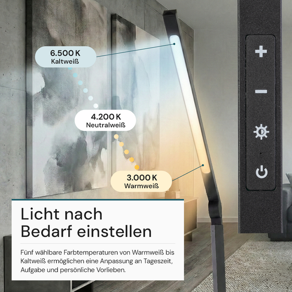 Verstellbare Stehlampe mit unterschiedlichen Farbtemperaturen von Warmweiß bis Kaltweiß.