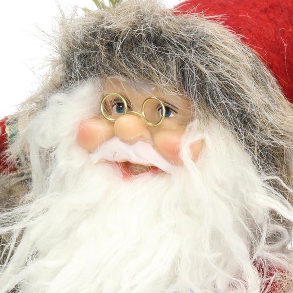 ECD Germany Weihnachtsmann Deko-Figur, 37 cm hoch, rot/grauer Mantel, grüner Hose, mit Geschenkesack, Santa-Claus Figur Winterdeko Weihnachten Stehende Figur Winter Dekoration Nikolaus Weihnachtsdeko