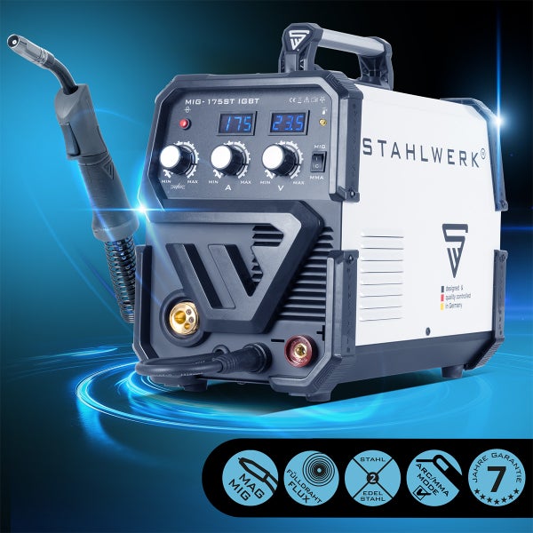 Stahlwerk MIG 175ST IGBT Schweißgerät mit Schweißmaske, Druckminderer, Drahtspule, Brennerreinigungsbürste, Düsen und Zubehör