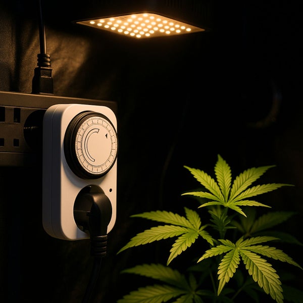 Szene mit Zeitschaltuhr, Steckdosenleiste, LED-Lampe und Pflanze