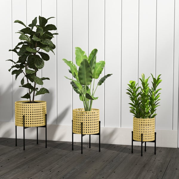Outsunny 3er-Set Pflanzenständer Blumenständer mit Rattanoptik Pflanzenhocker Blumenhocker für Innen und Außenbereich Stahl Gold
