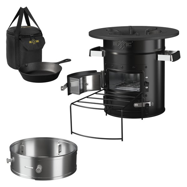 BBQ#BOSS Raketenofen mit Grillpfanne, Tragetasche + Power Ring, Schwarz, Campingkocher Holz mit Brennholzständer, Camping BBQ Holzofen zum Kochen, Outdoor-Küche, Raketenherd Dutch Oven Campinggrill