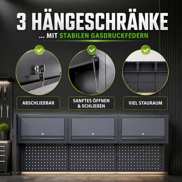 3 abschließbare Werkstatt-Hängeschränke mit Gasdruckfedern für sanftes Öffnen und Schließen sowie viel Stauraum über einer Lochwand.
