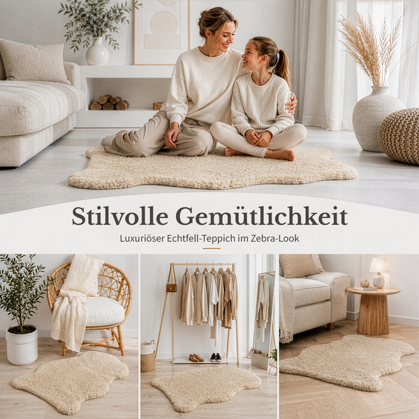 Weicher Echtfell-Teppich in organischer Form in einem hellen Wohnzimmer, neben einem Rattansessel und einer Kleiderstange platziert.