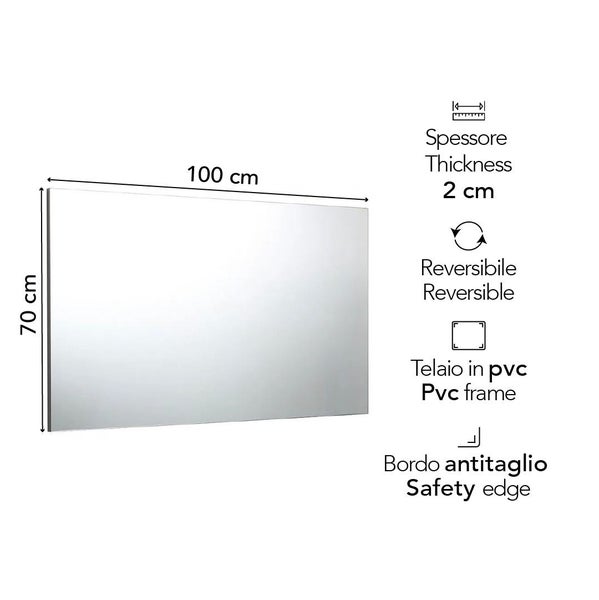 Rechteckiger Badezimmerspiegel, 100 mal 70 Zentimeter, 2 Zentimeter tief, mit Polyvinylchlorid-Rahmen, Sicherheitskante und wendbarer Montage.