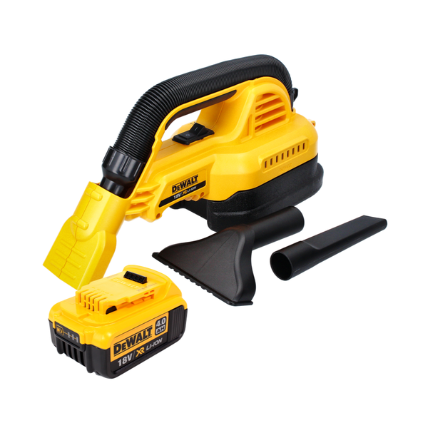 Gelb-schwarzer DeWalt Akku-Handsauger 18 Volt mit 4,0 Amperestunden Lithium-Ionen-Akku und zwei Saugdüsen.