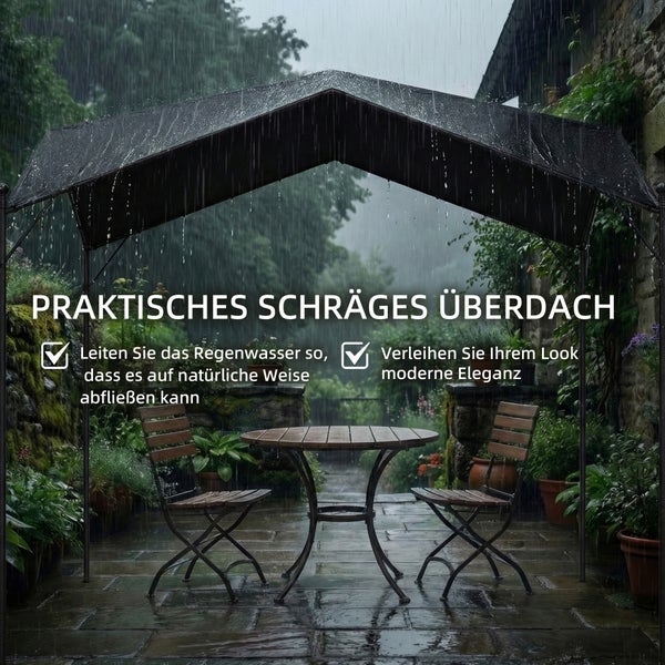 Gartenpavillon mit schrägem Dach für Regenwasserablauf, Holztisch und Klappstühle unter der Überdachung in einer grünen Gartenlandschaft bei Regen.