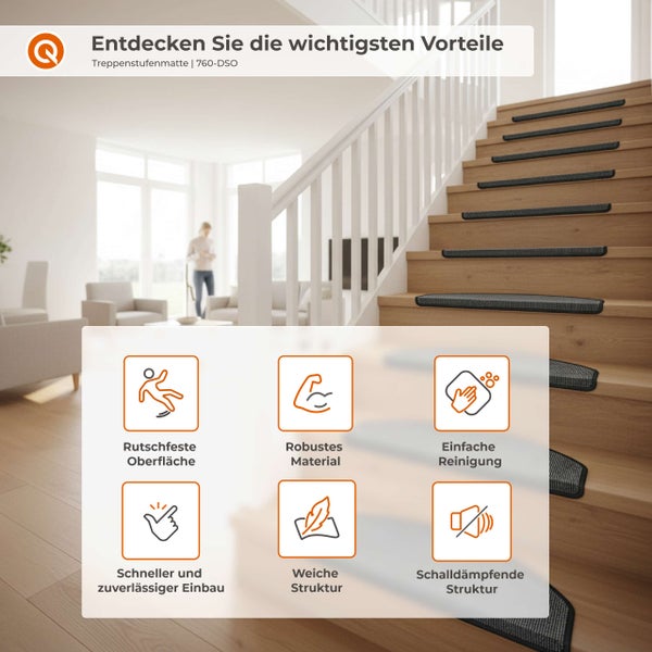 Treppenstufenmatten auf Holztreppe mit Infografik zu Vorteilen wie Rutschfestigkeit, robustem Material, einfacher Reinigung und Schalldämmung.