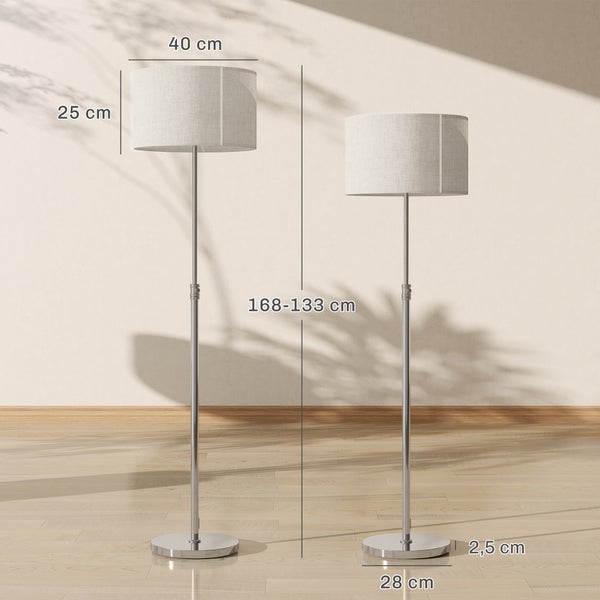 Höhenverstellbare Stehlampe mit zylindrischem Lampenschirm und Metallsockel inklusive Maßangaben
