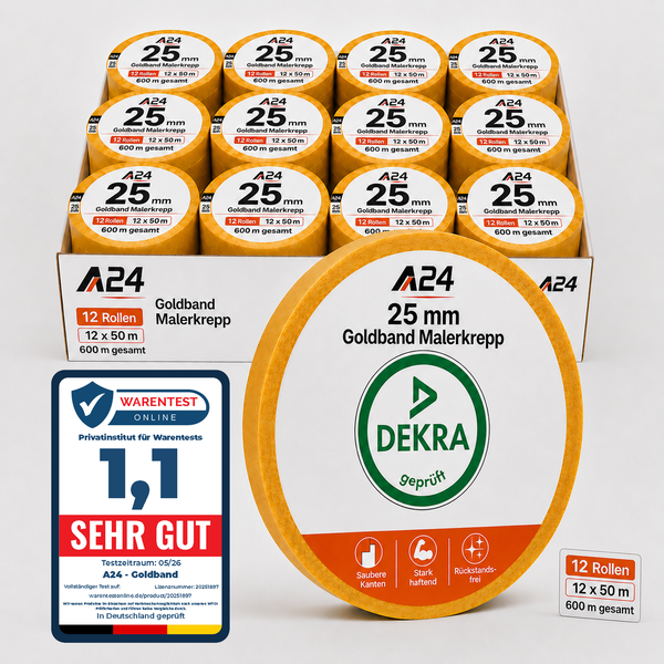 12 Rollen A24 Goldband Malerkrepp, 25 Millimeter breit, 50 Meter lang, DEKRA geprüft, Warentest Sehr Gut.