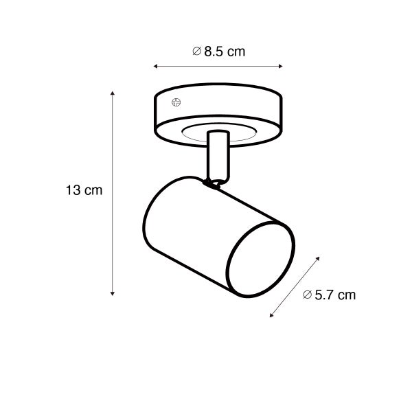 Strichzeichnung eines Deckenstrahlers mit Maßen von 13 Zentimeter Höhe, 8,5 Zentimeter Durchmesser und 5,7 Zentimeter Spotdurchmesser.