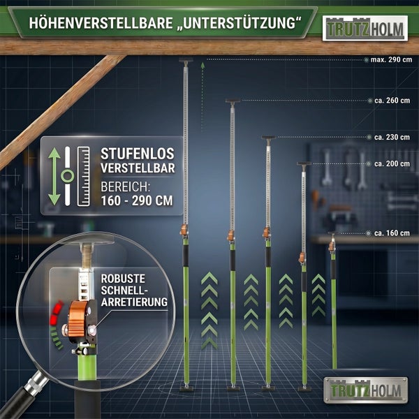 Trutzholm Deckenstütze höhenverstellbar von 160 bis 290 Zentimeter mit Schnellspannsystem und robuster Arretierung für Bau und Montagearbeiten.