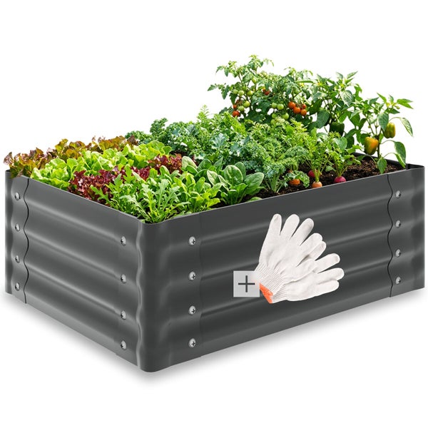 Hochbeet aus Metall mit Gemüse und Gartenhandschuhen