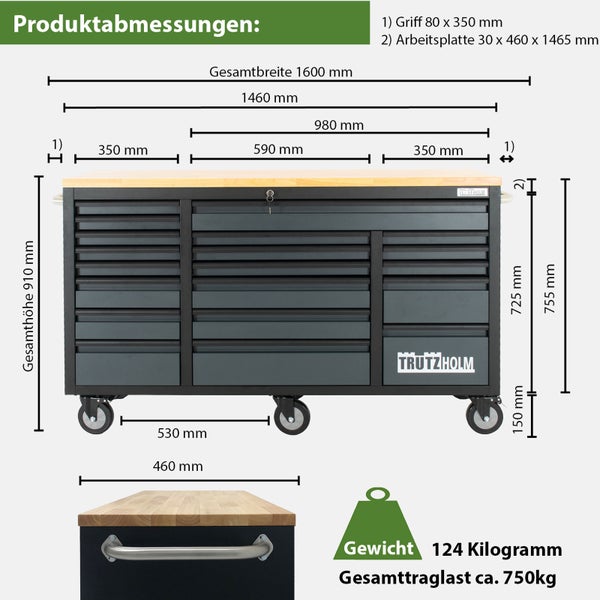 Trutzholm Werkstattwagen mit Holzplatte und 15 Schubladen. Maße: 1600 mal 910 mal 460 Millimeter. Gewicht 124 Kilogramm, Traglast circa 750 Kilogramm.
