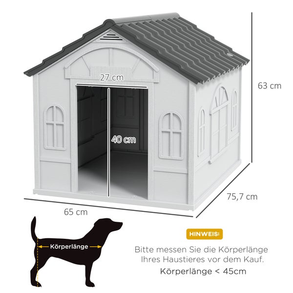 PawHut Hundehütte, Hundehaus mit Satteldach, wetterfest Kleintierhaus für mittelgroße Hunde unter 20 kg, Hundehütte Outdoor, 65 x 75,7 x 63 cm, Grau