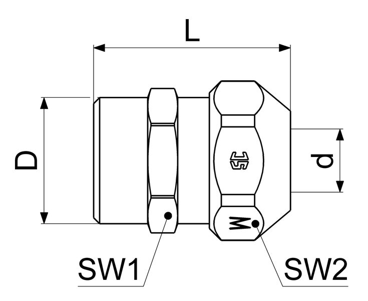 Maßzeichnung einer Kabelverschraubung mit technischen Angaben zu Länge, Durchmesser und Schlüsselweite.
