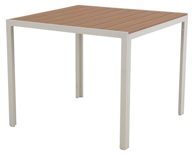 Quadratischer Gartentisch mit Metallgestell und Tischplatte aus Holzlamellen.