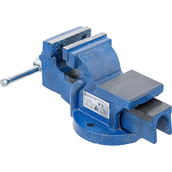 Blauer Schraubstock mit 75 Millimeter Backenbreite.